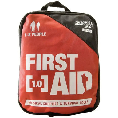 Adventure First Aid kit for up to 2 people. Pack shown with loop for attaching to backpack or tent hook for easy location.