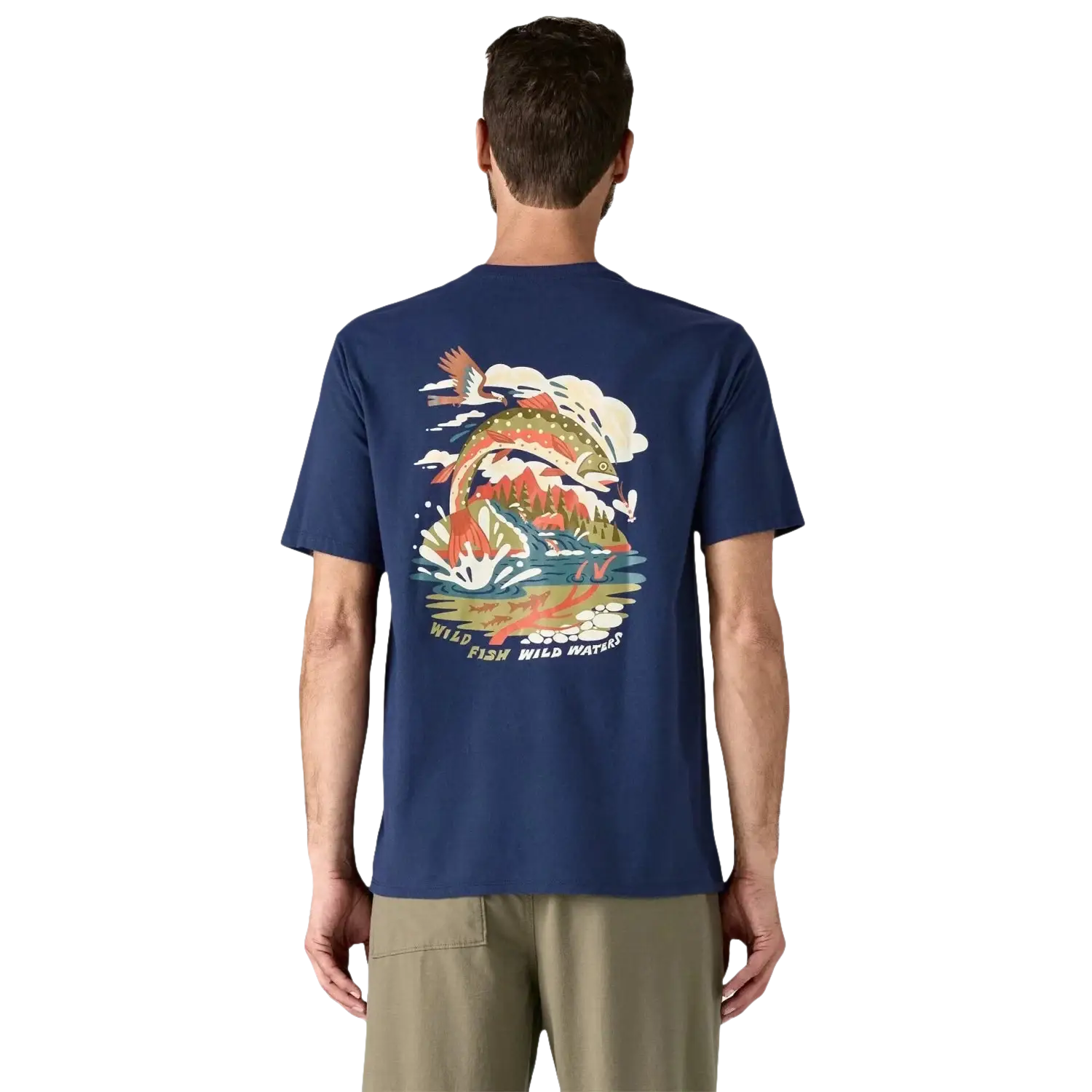 Patagonia Men's Take a Stand Responsibili-Tee® in pine stream & clement blue, on model back view