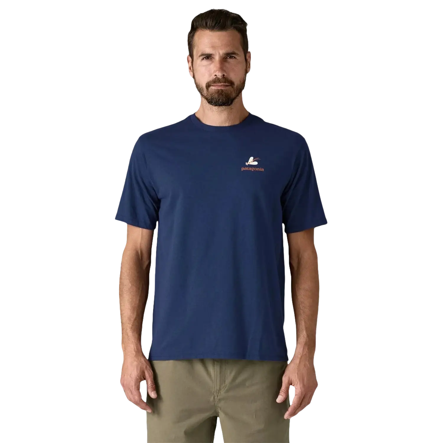 Patagonia Men's Take a Stand Responsibili-Tee® in pine stream & clement blue, on model front view