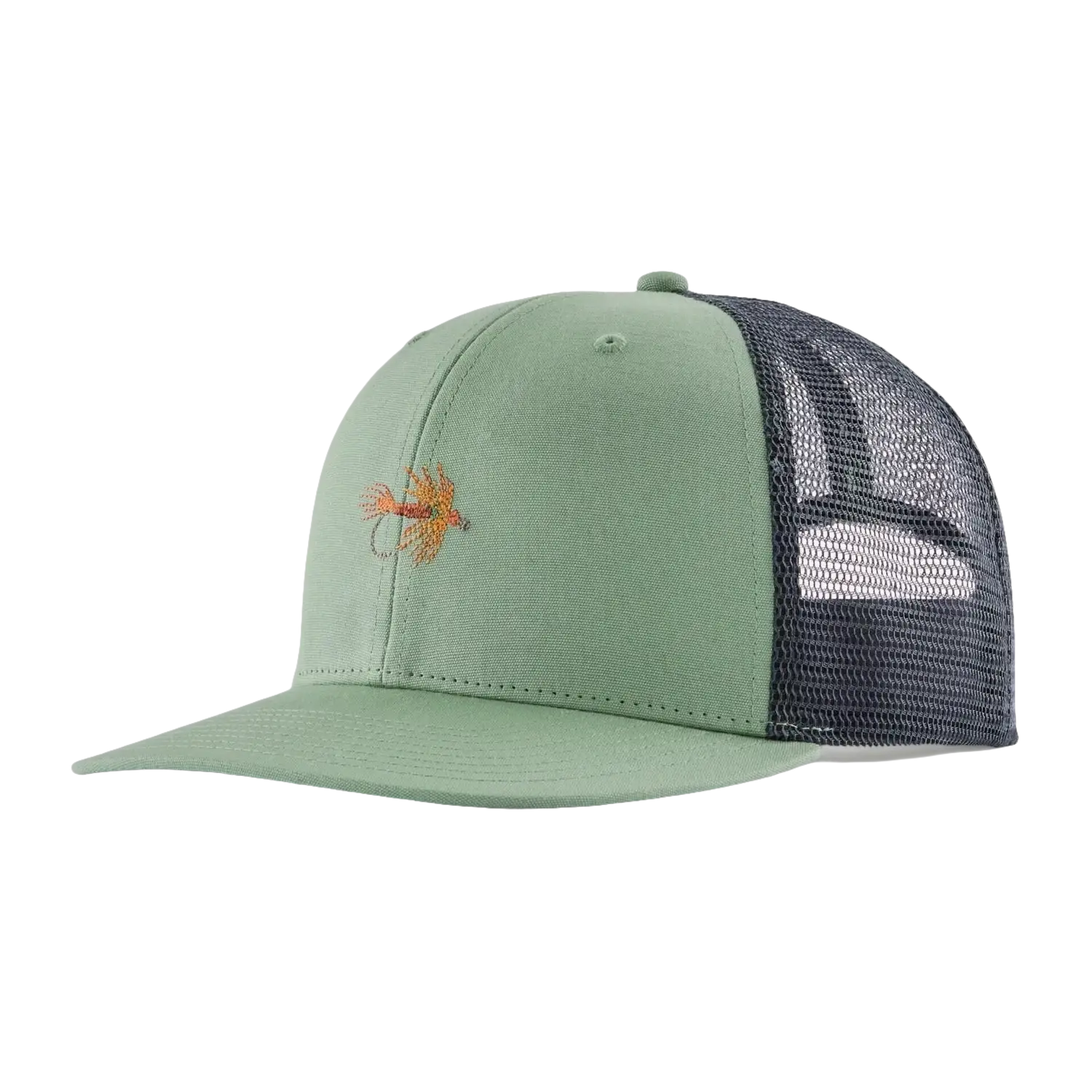 Patagonia Take a Stand Trucker Hat in pheasant fly & ellwood green, front view
