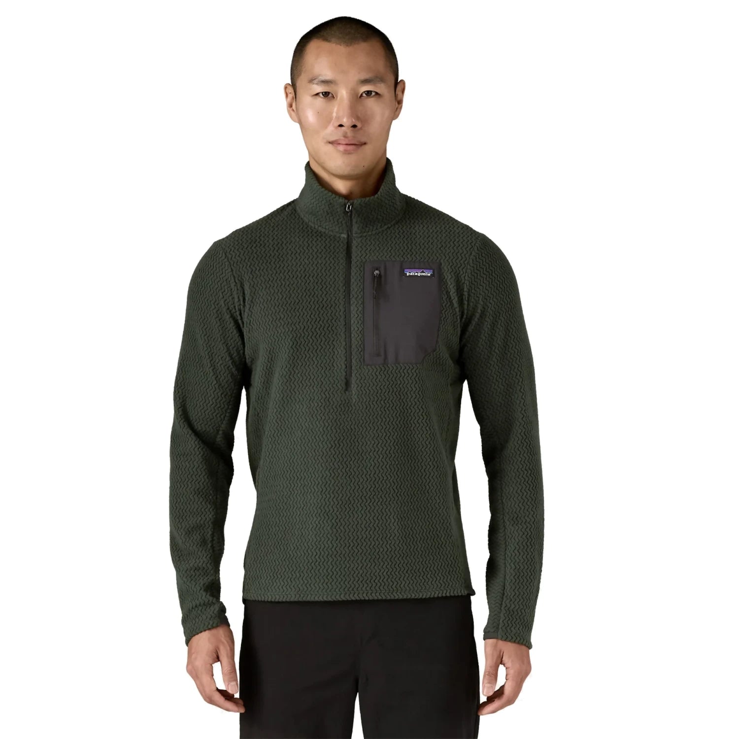Patagonia Men's M's R1® Air Fleece Zip-Neck in old growth green, on model front view