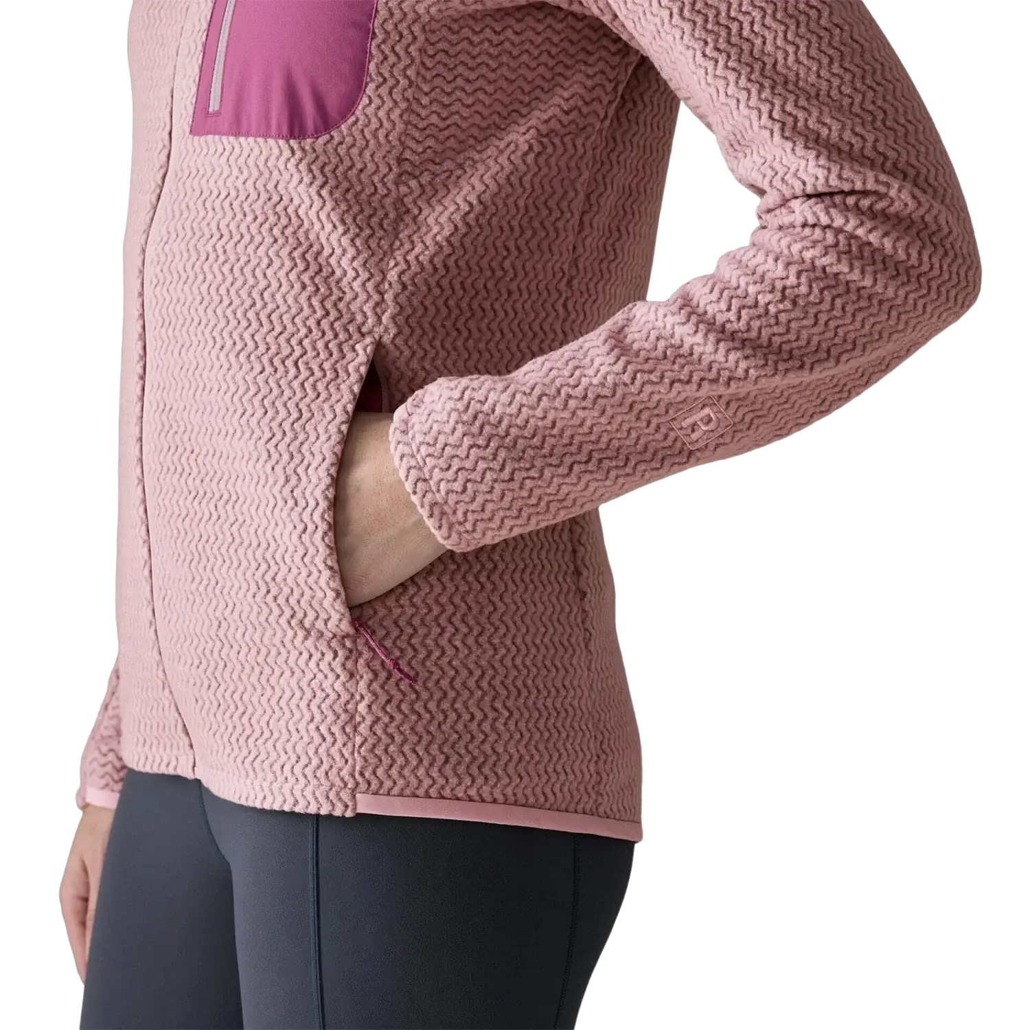 Patagonia Women's R1® Air Fleece Jacket in quiet violet, on model side pocket view