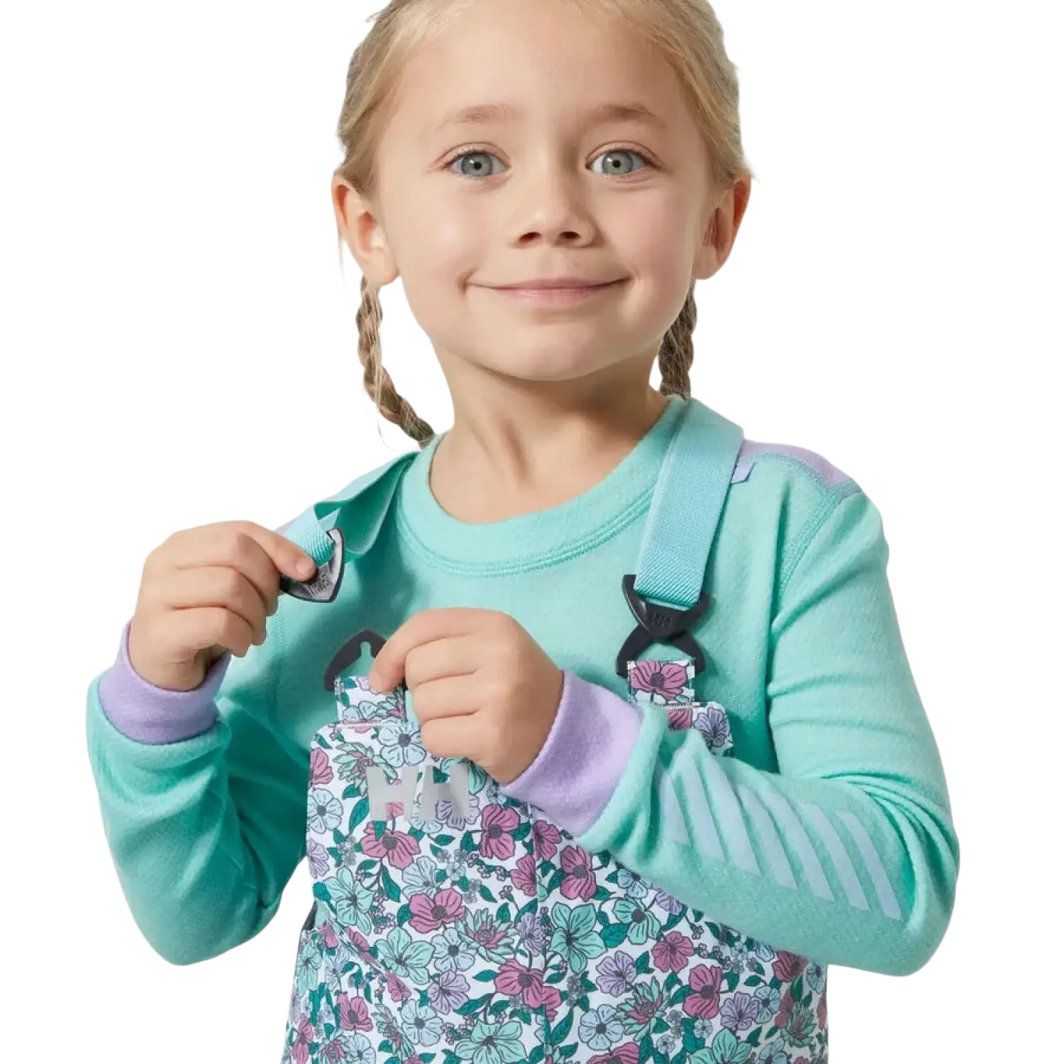 Helly Hansen Kid's Rider 2.0 Insulated Ski Bib in light cyan & floral, easy clip straps