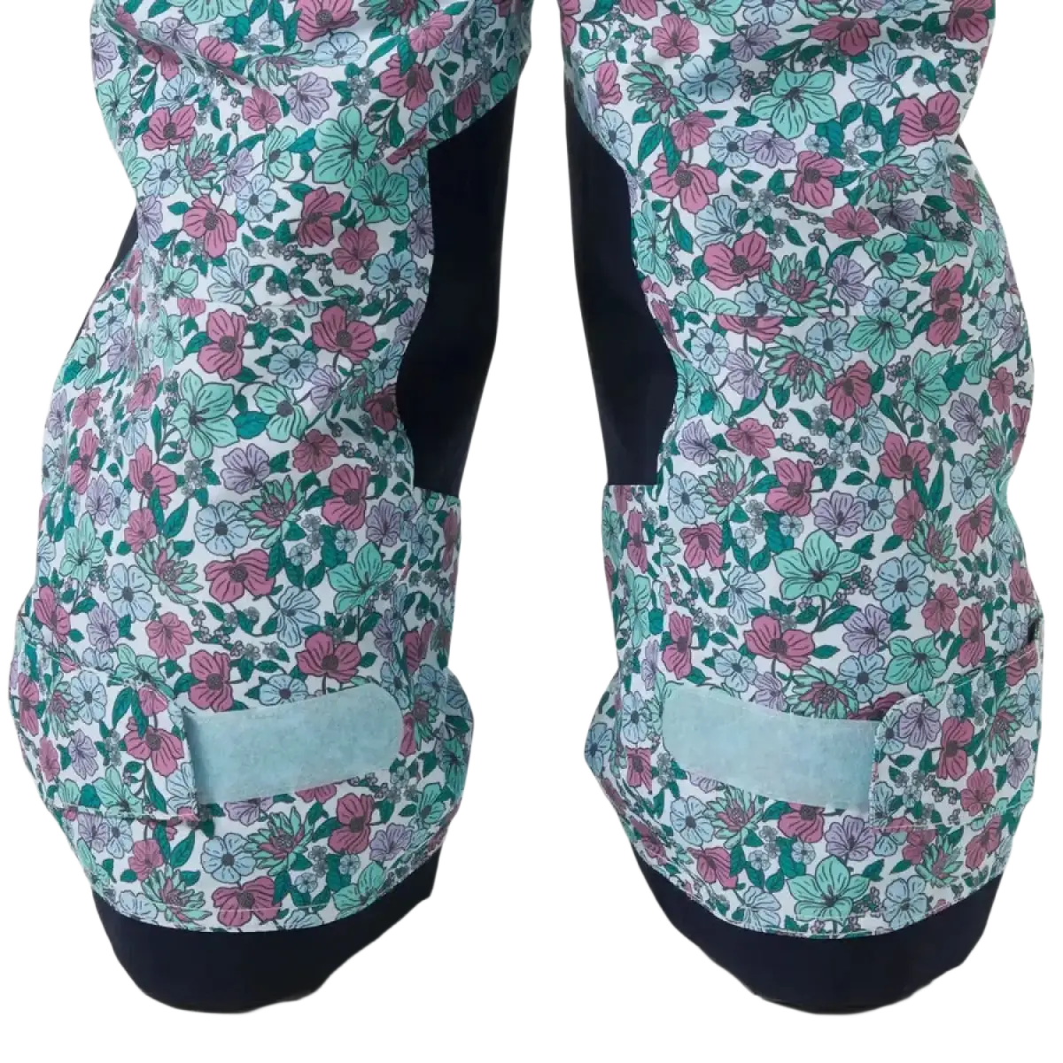 Helly Hansen Kid's Rider 2.0 Insulated Ski Bib in light cyan & floral, adjustable hem view