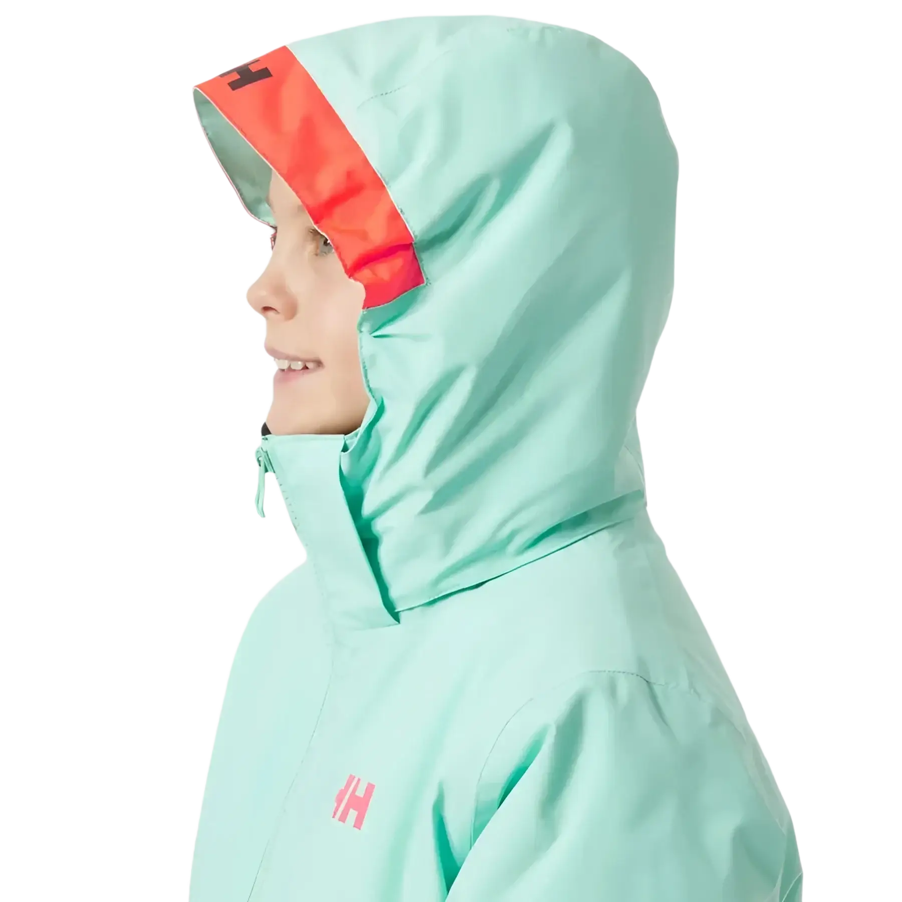 Helly Hansen Girl's Jewel Resort Ski Jacket in lagoon, hood up view