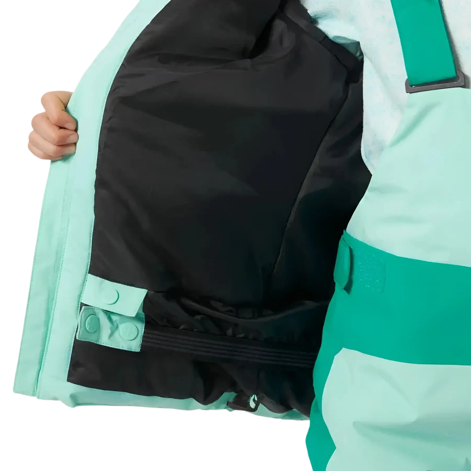 Helly Hansen Girl's Jewel Resort Ski Jacket in lagoon, inner powder skirt detail view