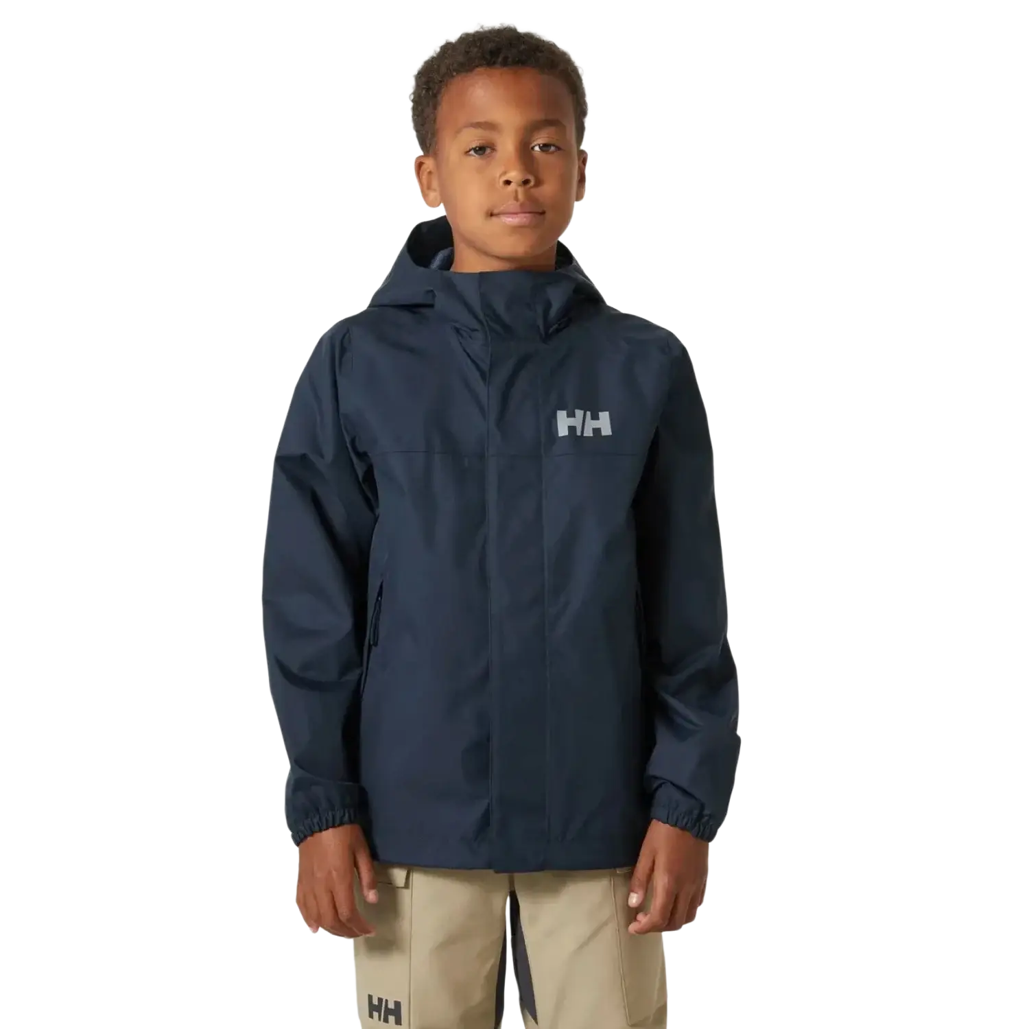 Helly Hansen Kid's Vancouver Rain Jacket in navy, front view on model