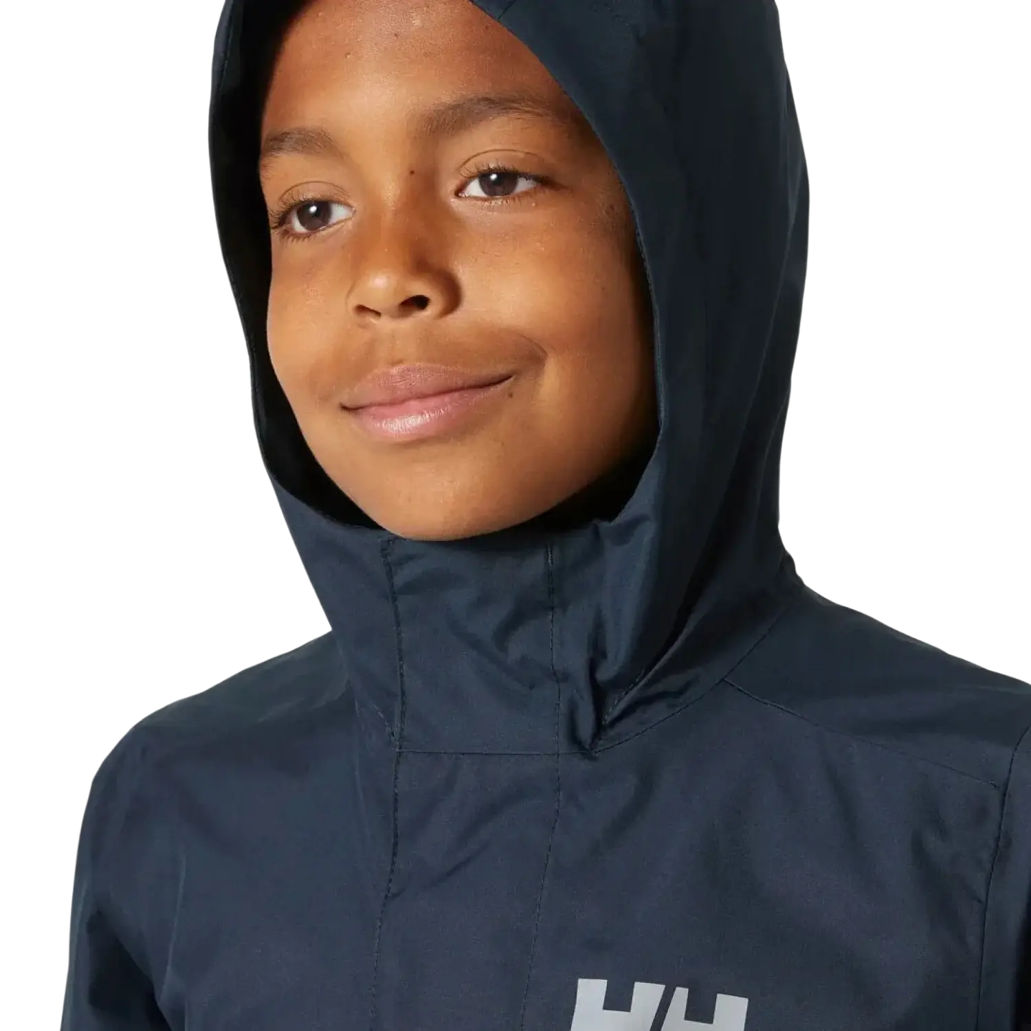 Helly Hansen Kid's Vancouver Rain Jacket in navy, on model hood up view