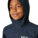 Helly Hansen Kid's Vancouver Rain Jacket in navy, on model hood up view