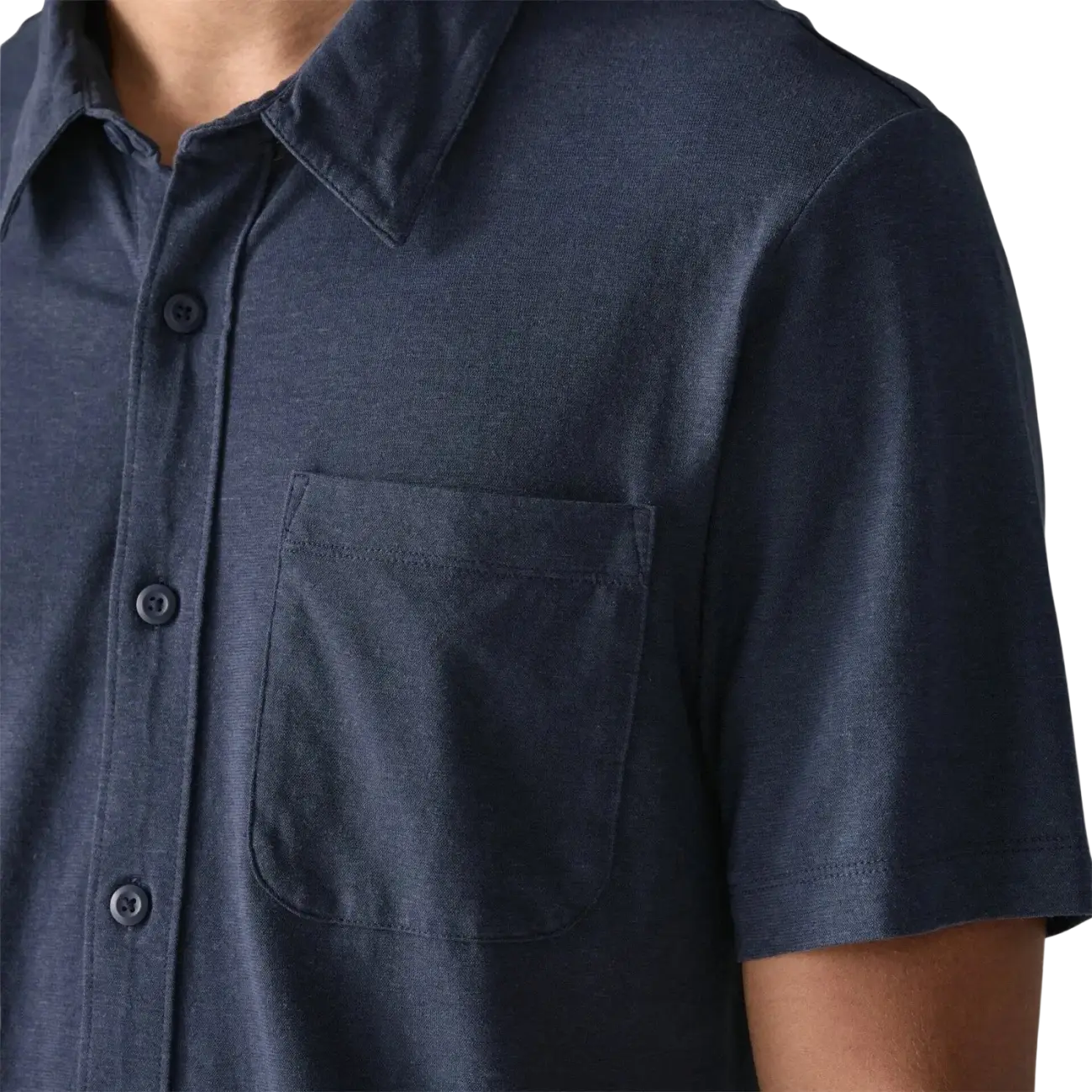 Patagonia Men's Trail Harbor Button-Down Knit Shirt in new navy, on model front detail view