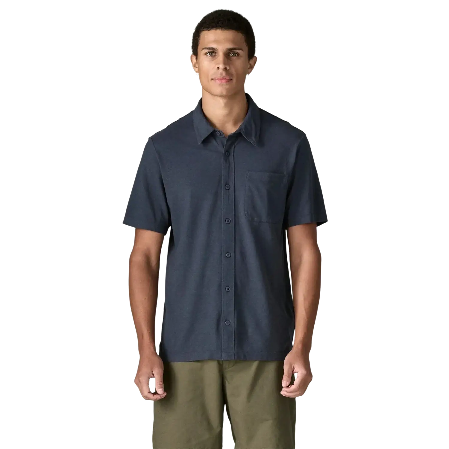 Patagonia Men's Trail Harbor Button-Down Knit Shirt in new navy, on model front view