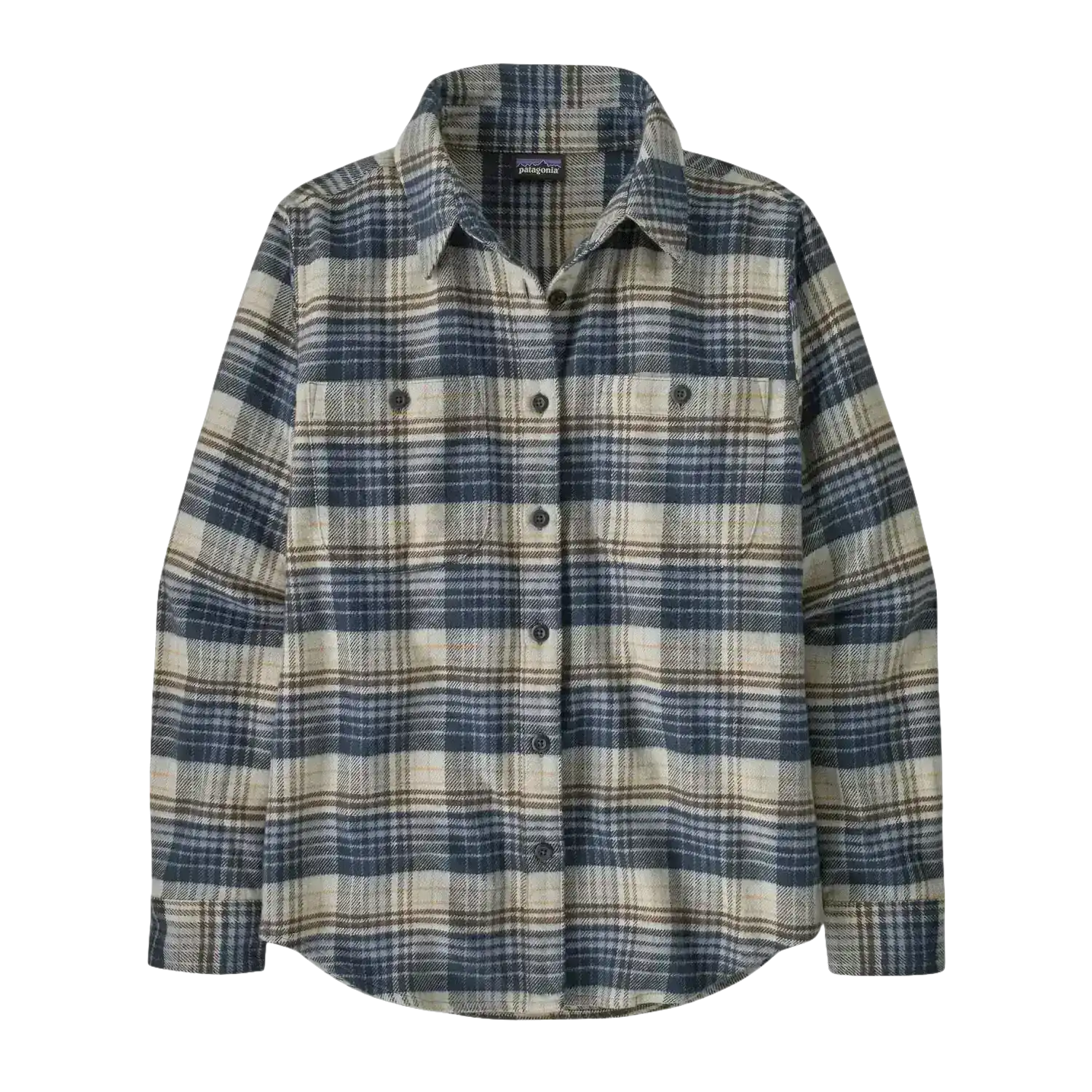 Patagonia Women's Fjord Flannel Shirt in river plaid & barnacle blue, flat front view