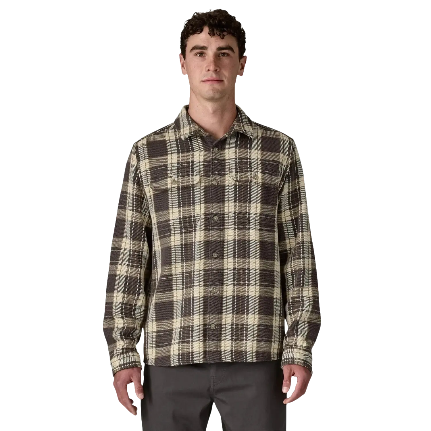 Patagonia Men's Fjord Loft Shirt in sculptor & ink black, on model front view