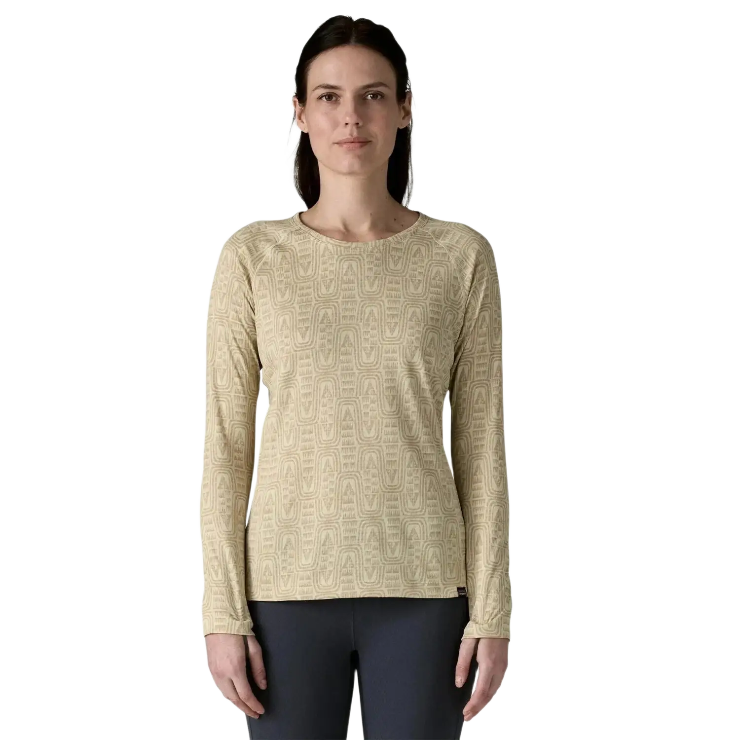 Patagonia Women's Capilene® Midweight Crewneck in flow & dyno white, on model front view