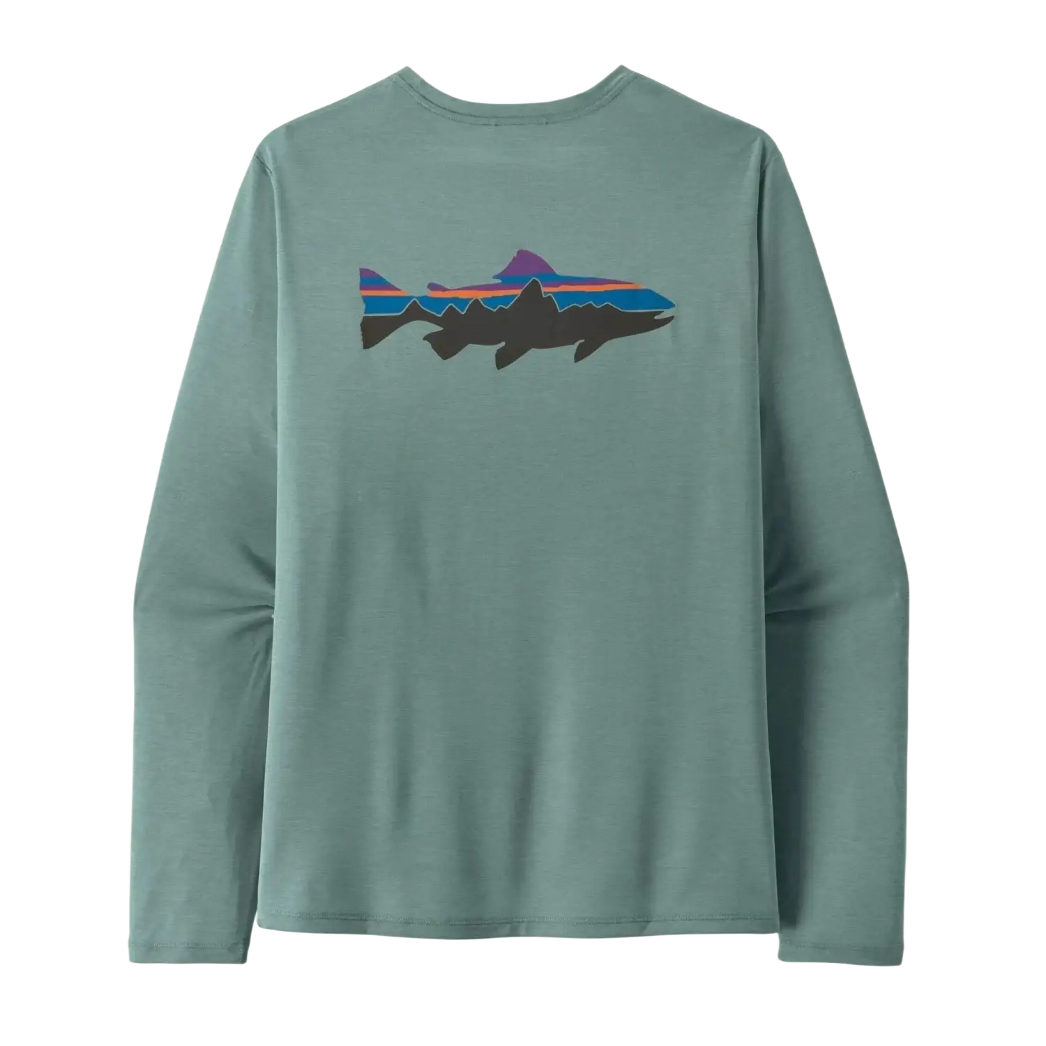 Patagonia Men's Long-Sleeved Capilene® Cool Daily Shirt Fitz Roy Trout in light blue sage x-dye, back view