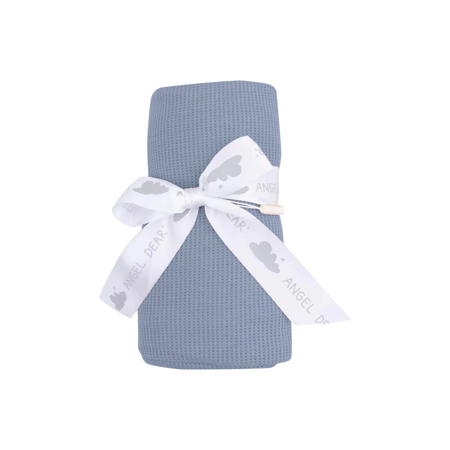 Angel Dear Baby Waffle Swaddle Blanket in blue blizzard, rolled up with bow