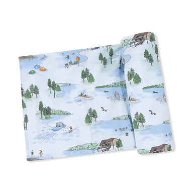 Angel Dear Baby Swaddle Blanket in lake blue & lake life, unrolled