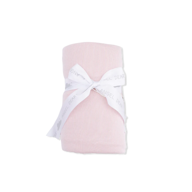 Angel Dear Baby Rib Knit Swaddle Blanket in solid veiled pink, front view rolled with bow