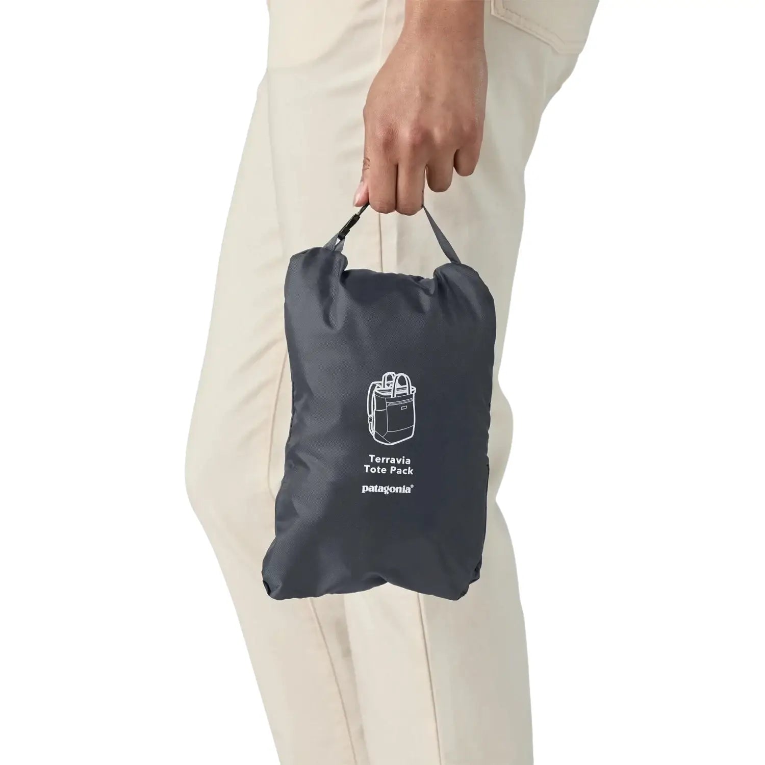 Patagonia Terravia Tote Pack 24L in smolder blue, packed up into stuff pocket