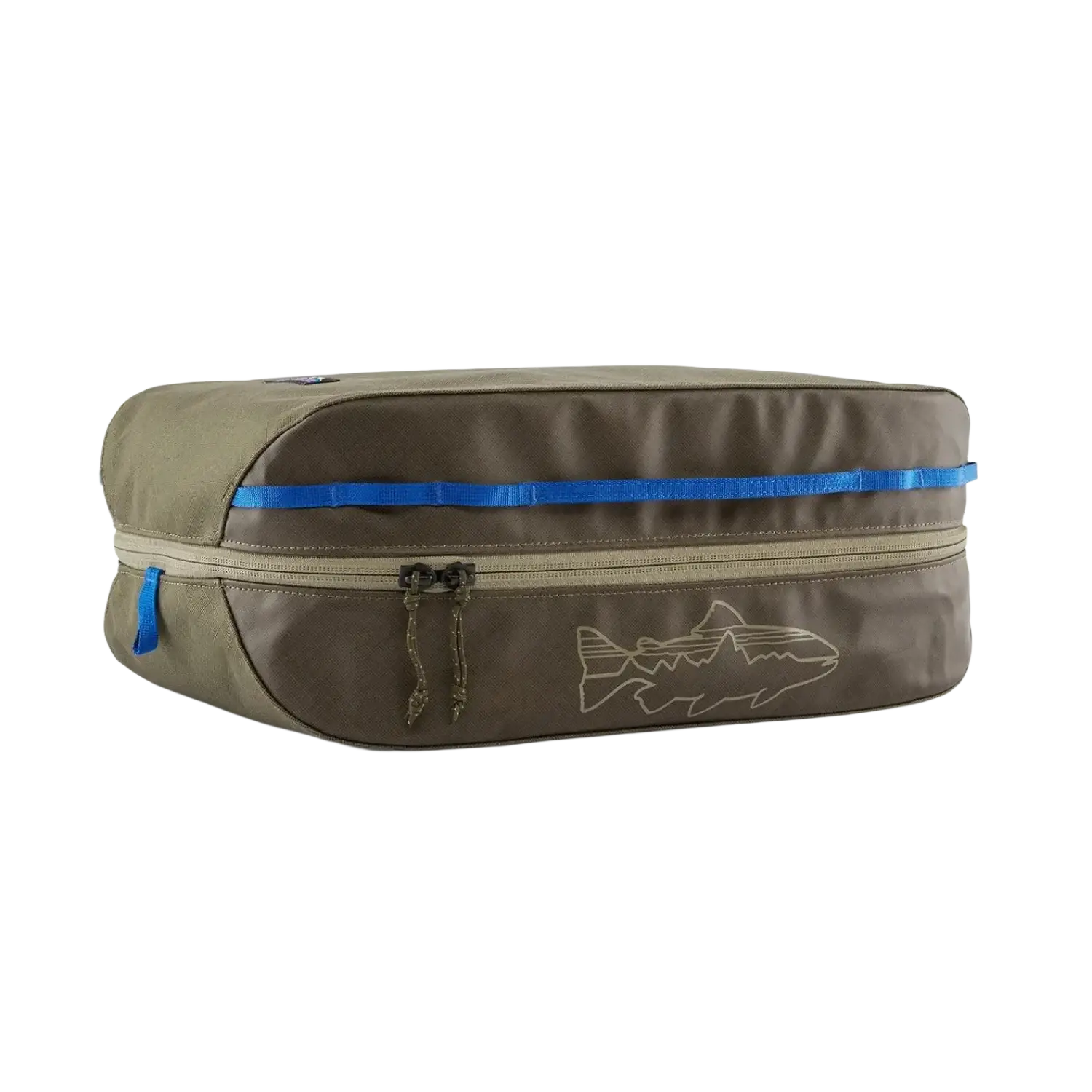 Patagonia black hole cube large 14l in basin green fitz trout, front view