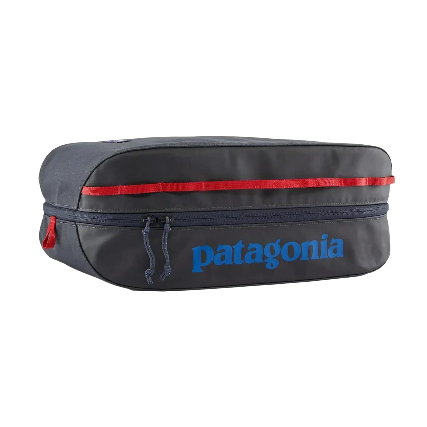 Patagonia black hole cube large 14l in smolder blue & amanita red, front view