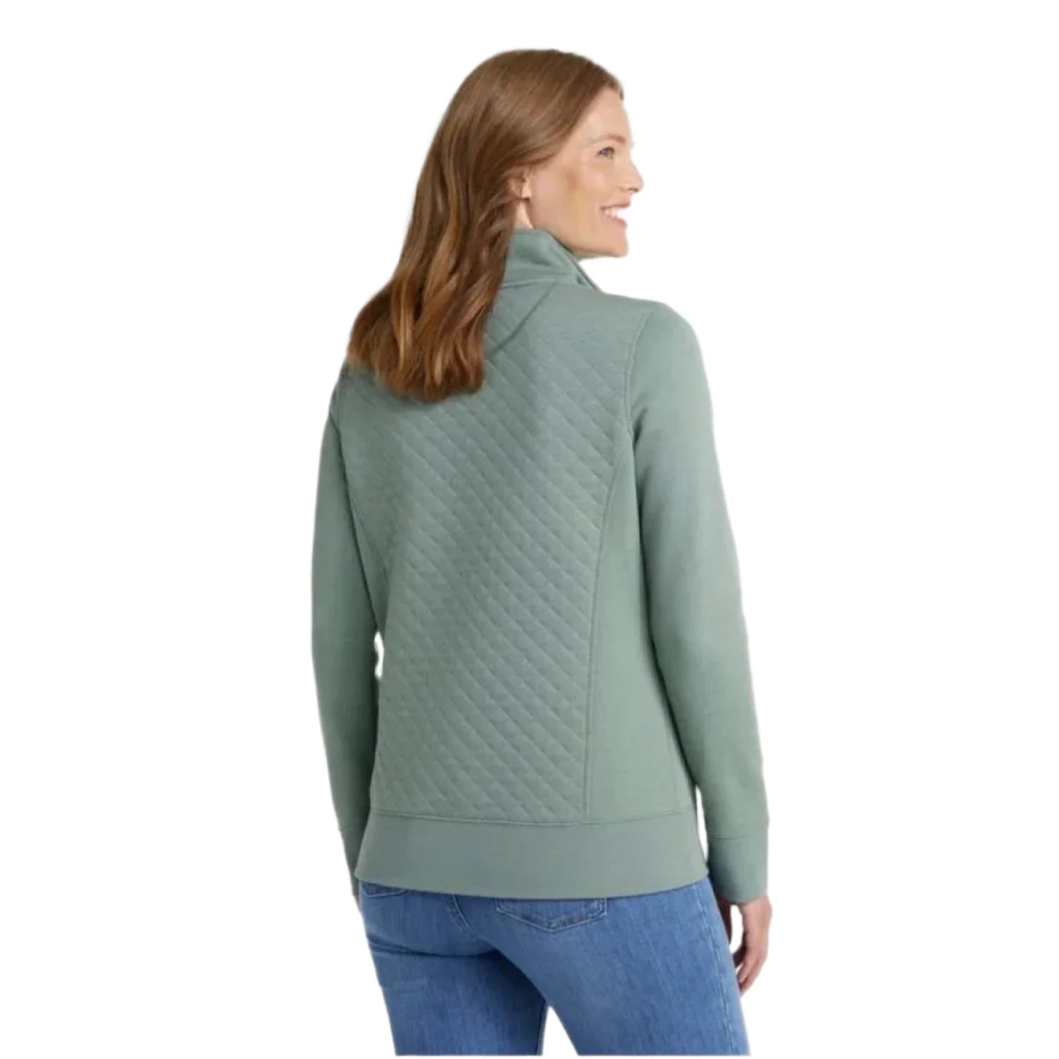 L.L. Bean Women's Quilted Quarter-Zip Pullover in sea green, model back