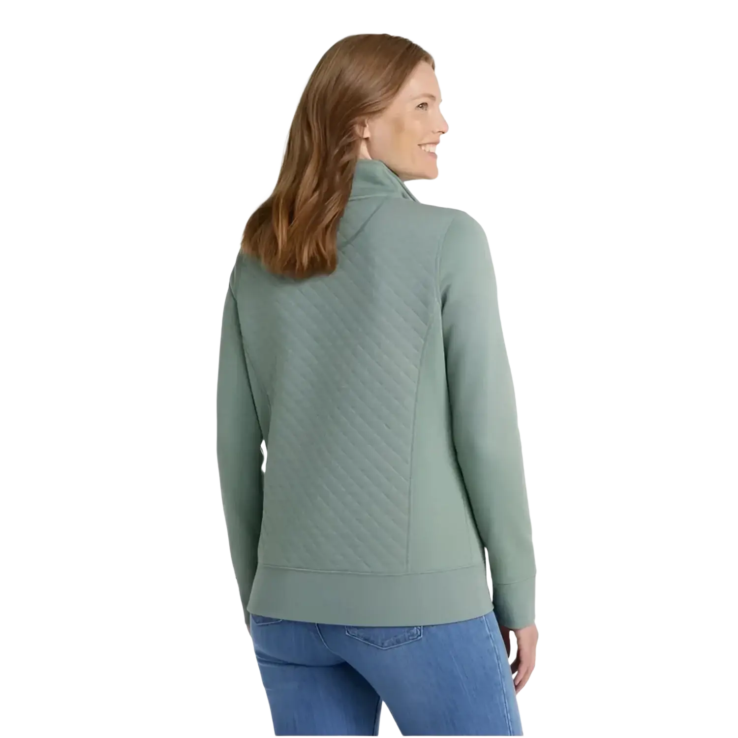L.L. Bean Women's Quilted Quarter-Zip Pullover in sea green, on model back view