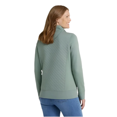 L.L. Bean Women's Quilted Quarter-Zip Pullover in sea green, on model back view