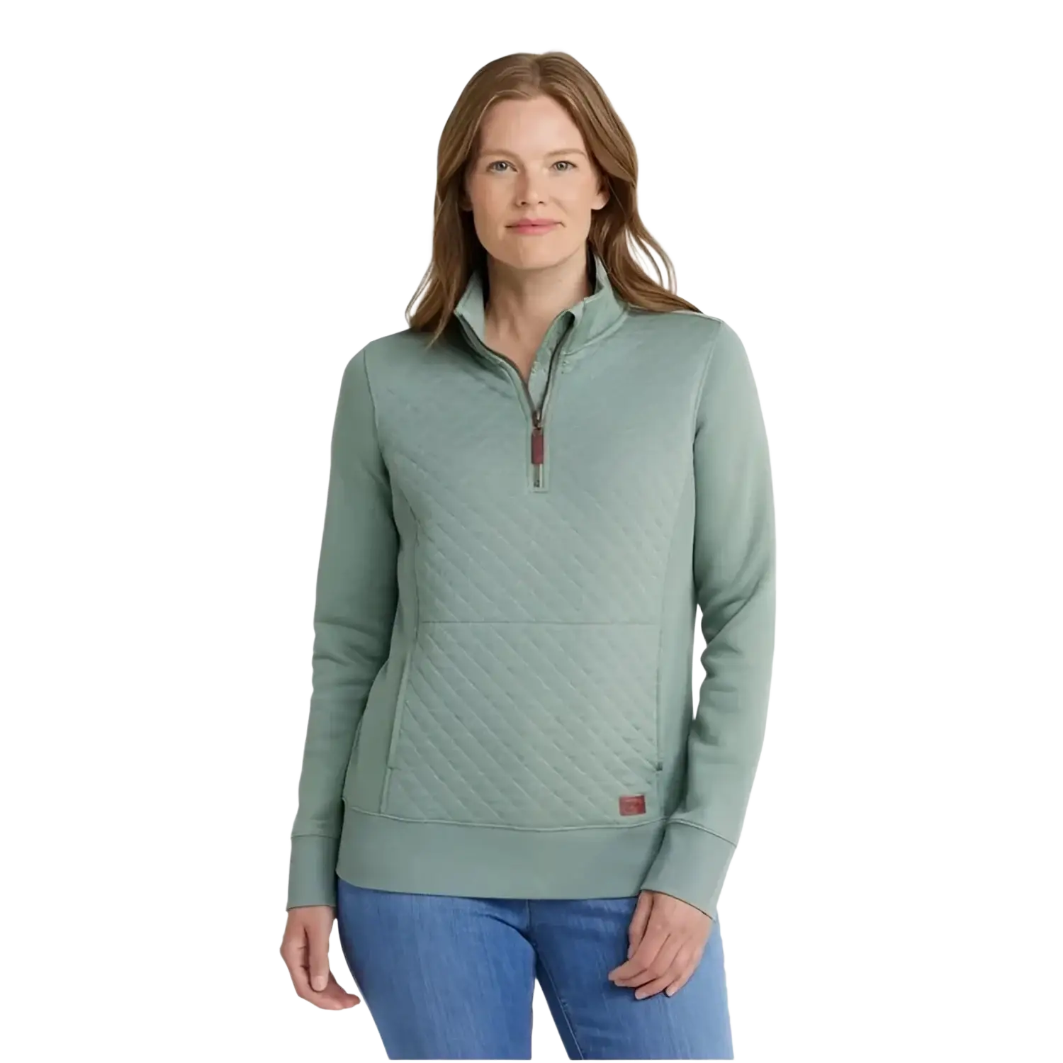 L.L. Bean Women's Quilted Quarter-Zip Pullover in sea green, on model front view