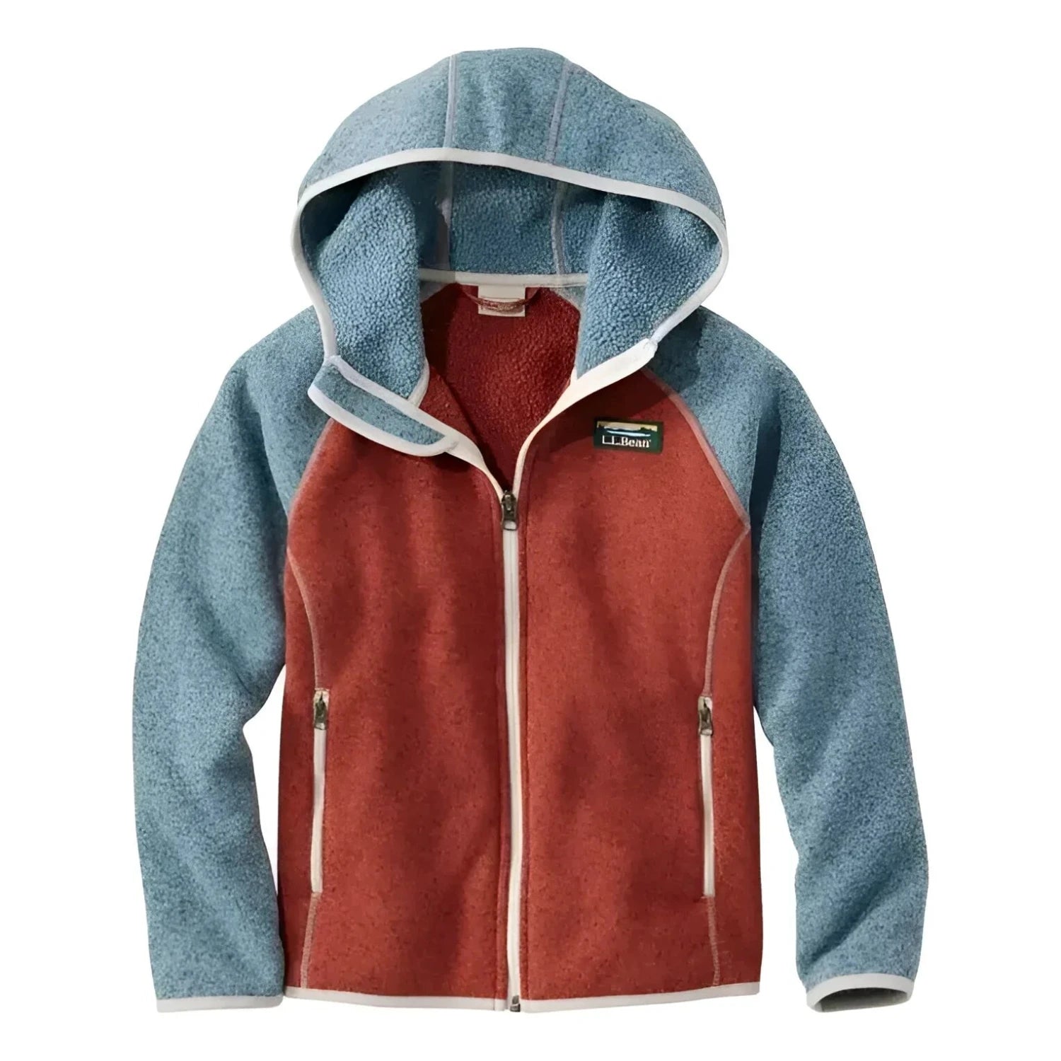 L.L. Bean Kid's Hooded Sweater Fleece in cadet blue & light mahogany, flat front view