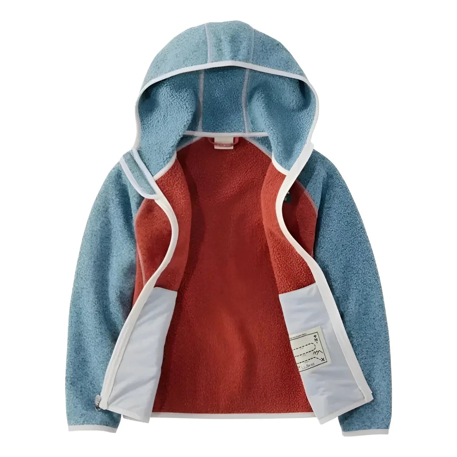 L.L. Bean Kid's Hooded Sweater Fleece in cadet blue & light mahogany, flat front view unzipped