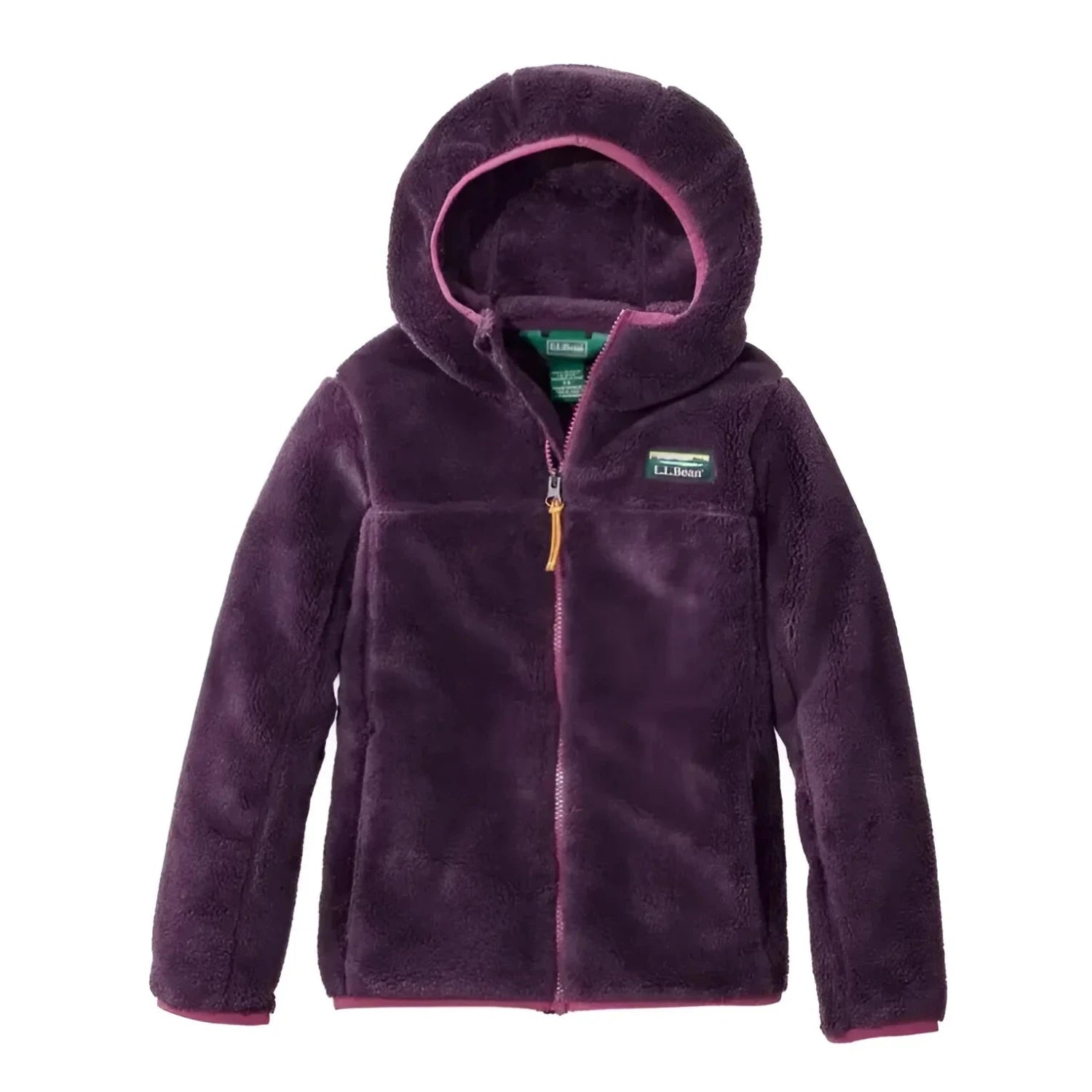 L.L. Bean Kid's Hi-Pile Fleece Hoodie in eggplant, flat front view
