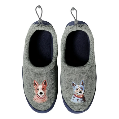 Kid's Sweater Fleece Slippers in faded sage dogs, top view