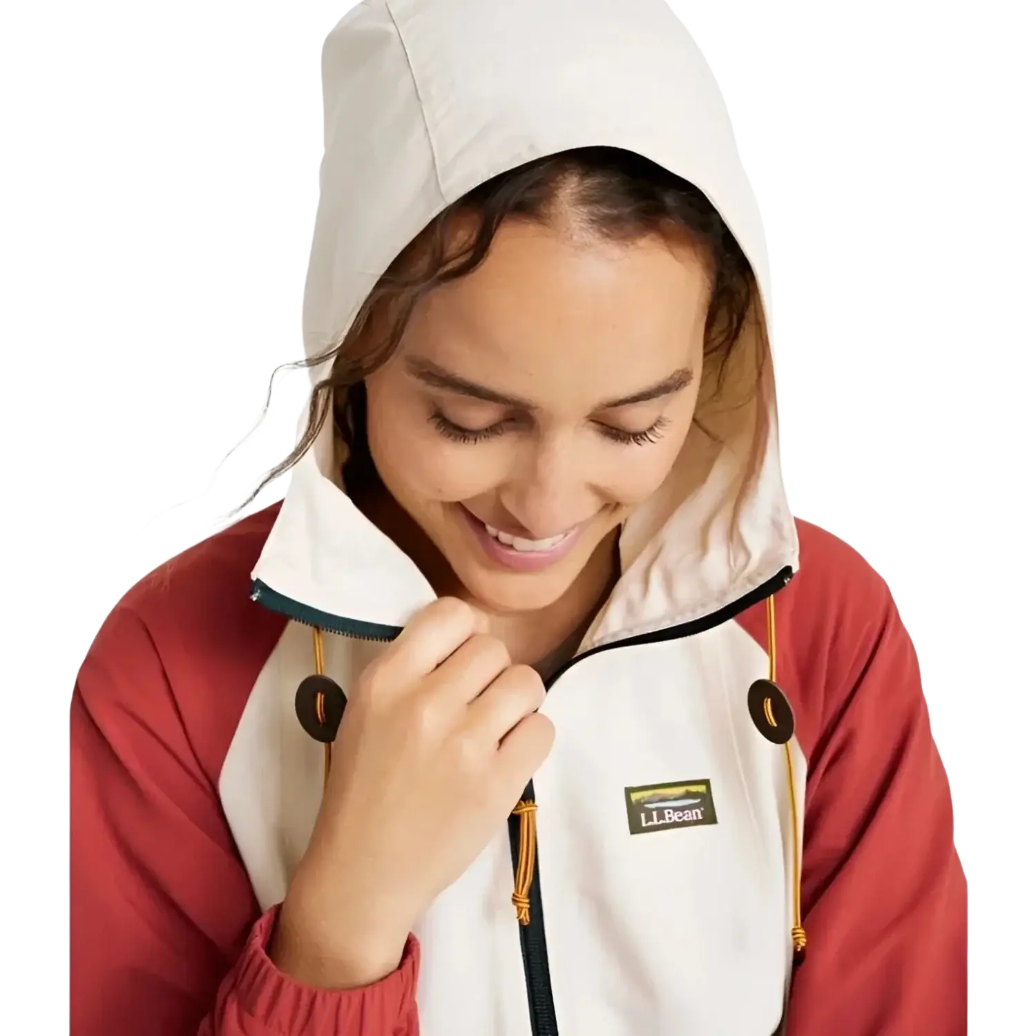 L.L. Bean Women's Mountain Classic Anorak in natural and bright mariner, on model hood up