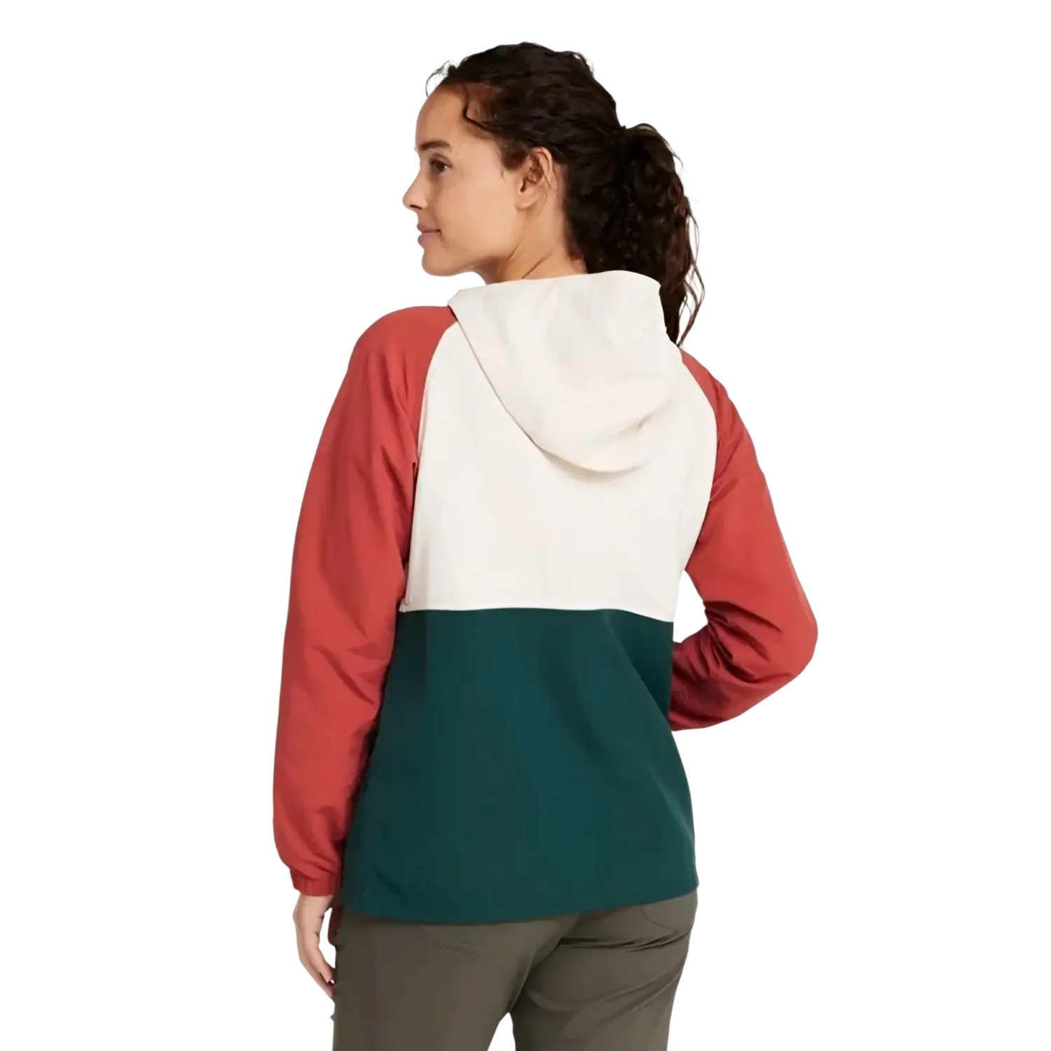 L.L. Bean Women's Mountain Classic Anorak in natural and bright mariner, on model back view