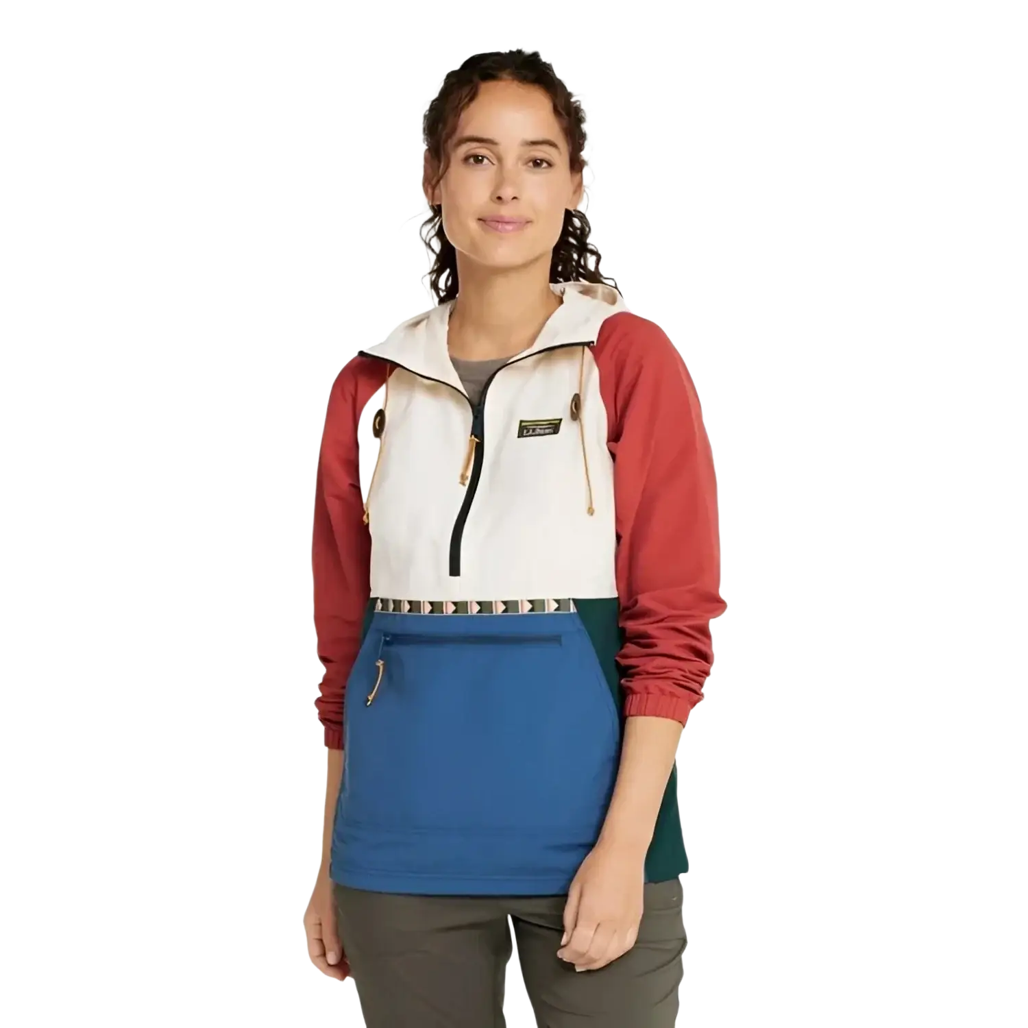 L.L. Bean Women's Mountain Classic Anorak in natural and bright mariner, on model front view