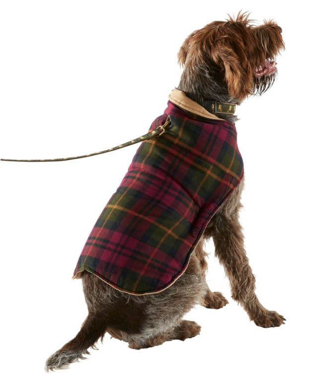 L.L. Bean Reversible Field Coat for Dogs in saddle, reversed and flannel out, side view on dog 