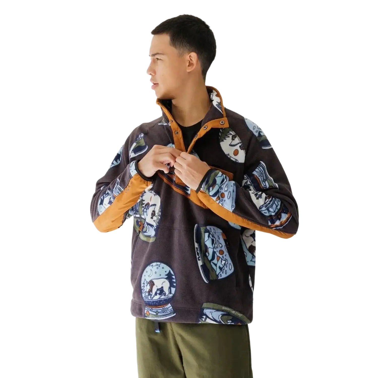 KAVU Men's Teannaway Fleece in snowglobe, on model front view
