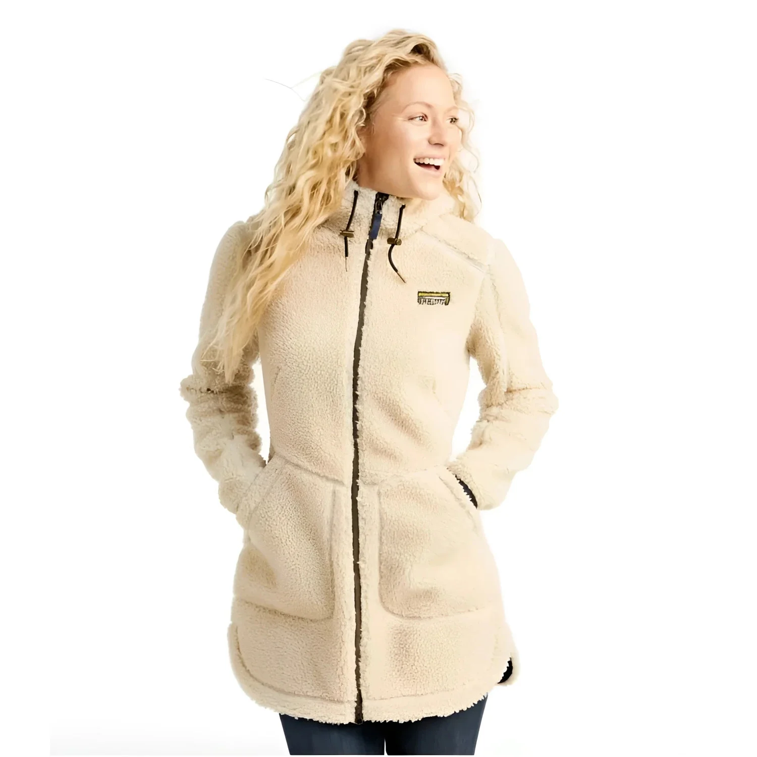 L.L. Bean Women's Mountain Pile Fleece Coat in natural, model front view