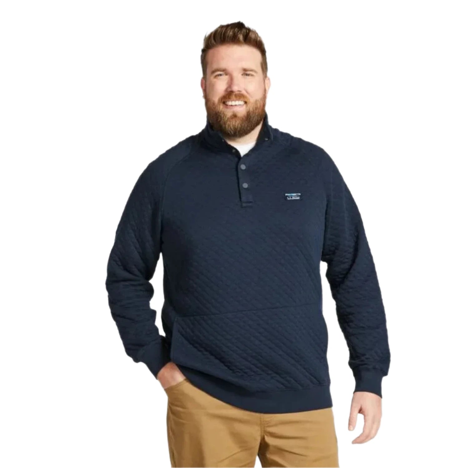 L.L. Bean Men's Quilted Mockneck Sweatshirt in deep navy on model front view