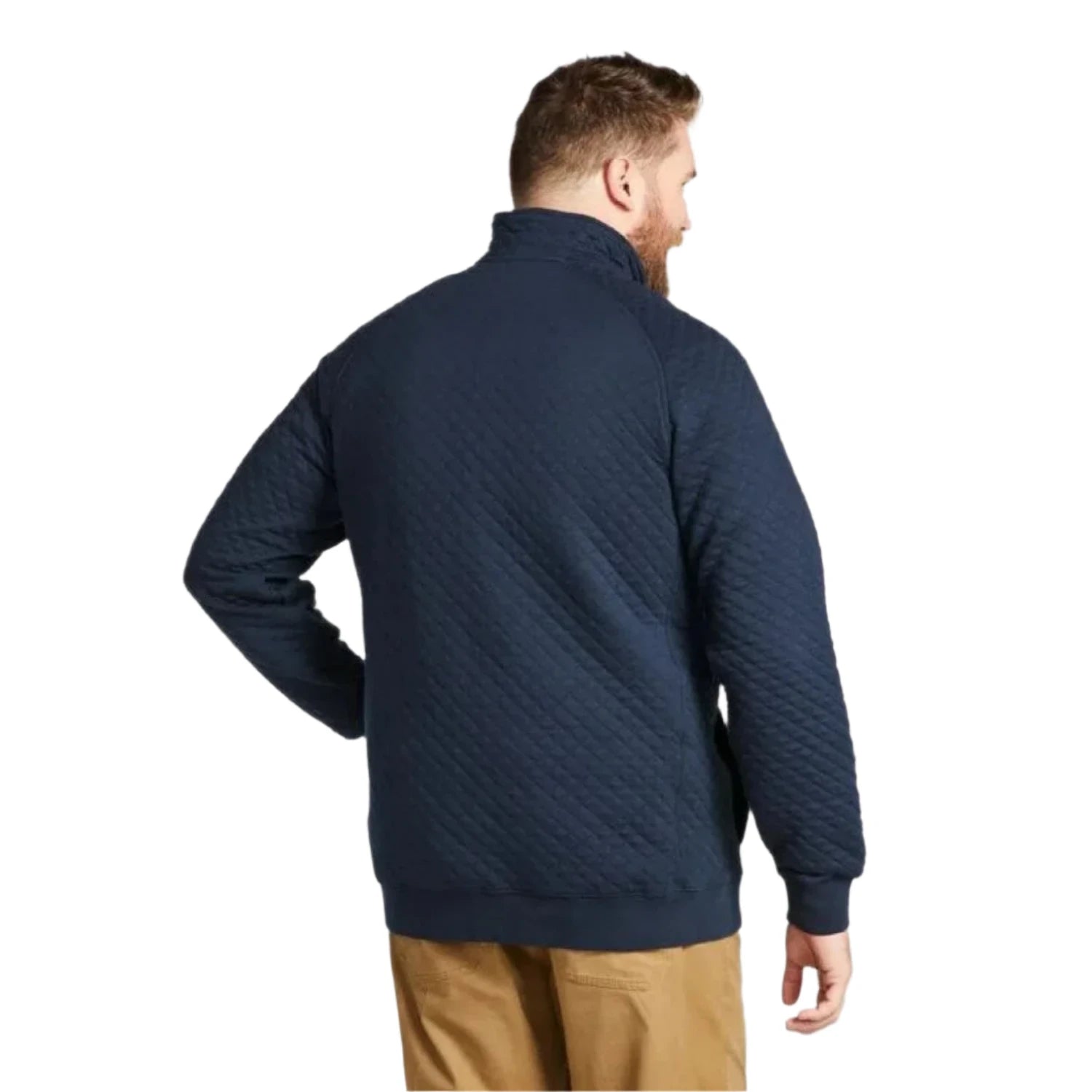 L.L. Bean Men's Quilted Mockneck Sweatshirt in navy, on model back view