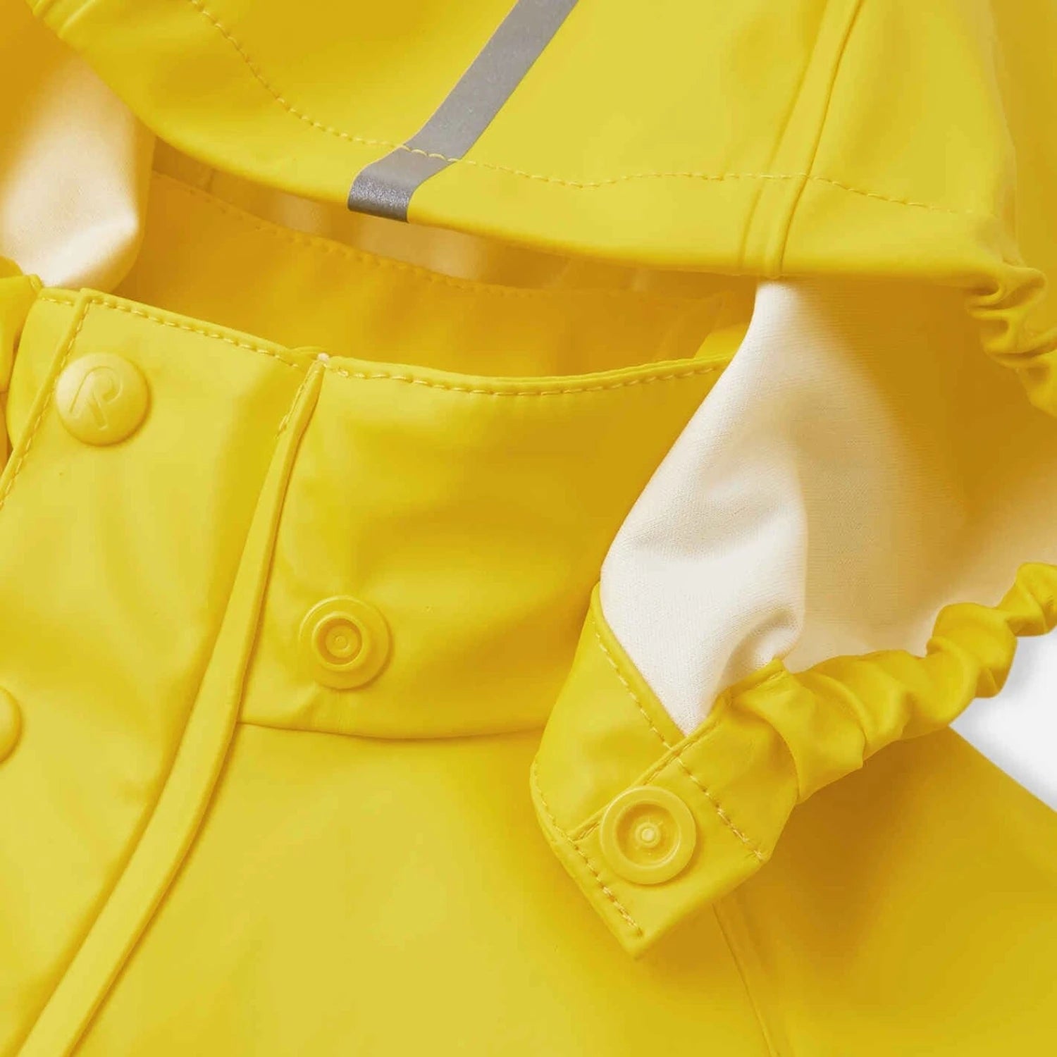 Reima Kid's Lampi Rubber Rain Jacket in yellow, front hood view
