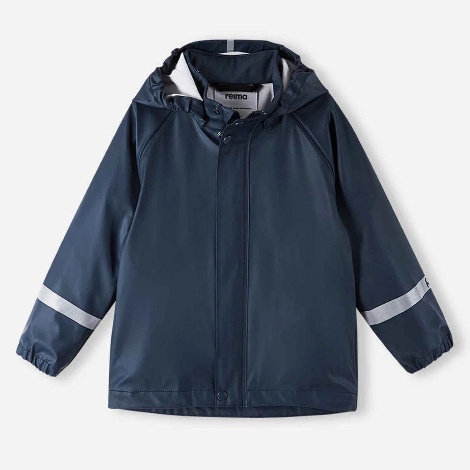 Reima Kid's Lampi Rubber Rain Jacket in navy, front view