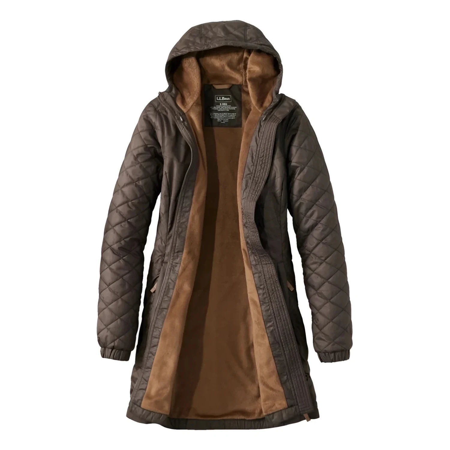 L.L. Bean Women's Fleece-Lined Primaloft Coat in dark cinder, flat front view unzipped