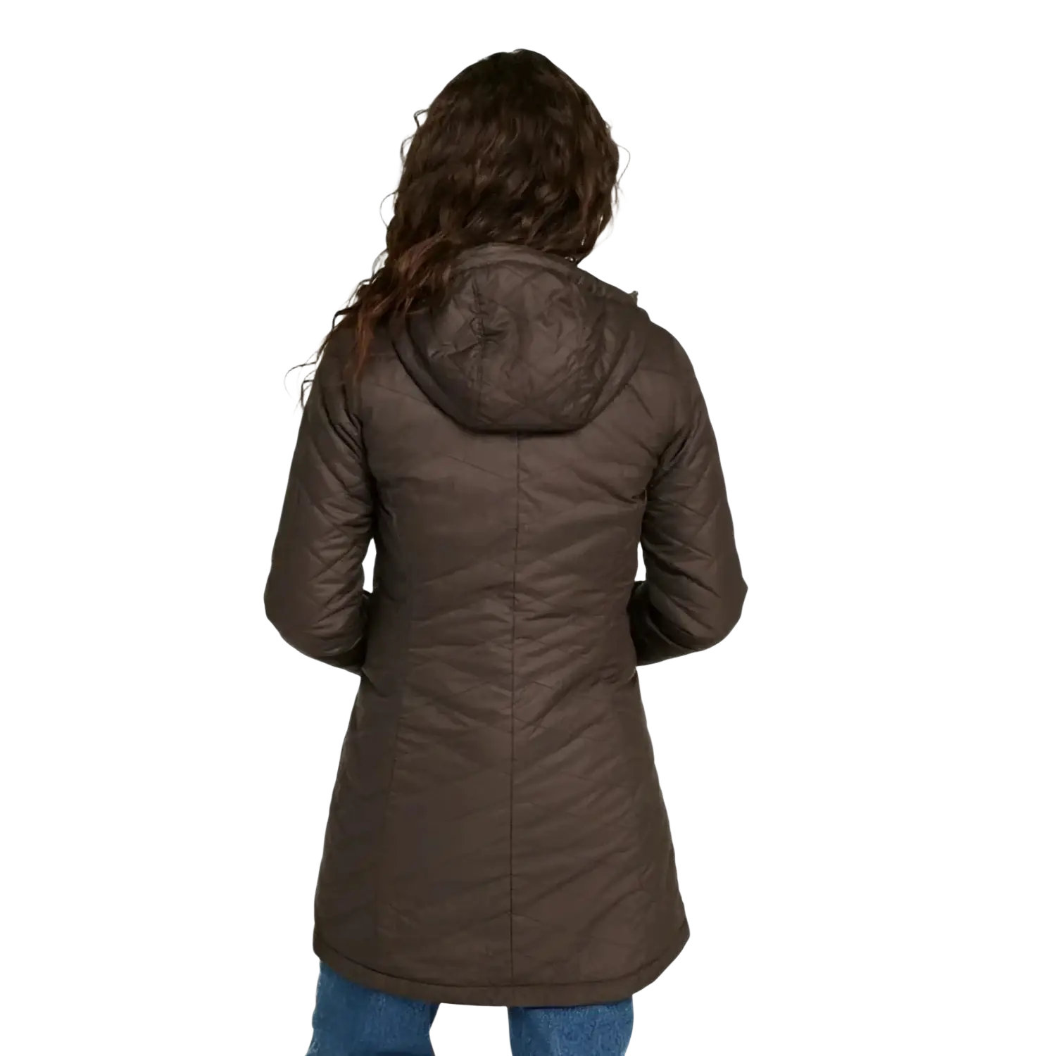 L.L. Bean Women's Fleece-Lined Primaloft Coat in dark cinder, on model back view