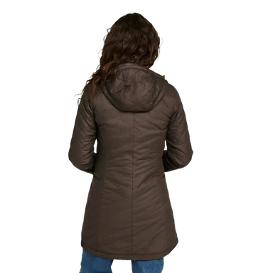 L.L. Bean Women's Fleece-Lined Primaloft Coat in dark cinder, on model back view
