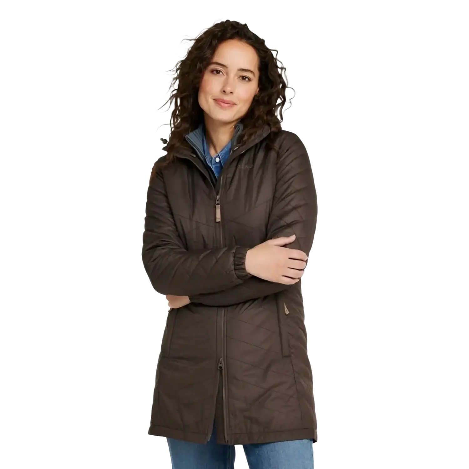 L.L. Bean Women's Fleece-Lined Primaloft Coat in dark cinder, on model front view