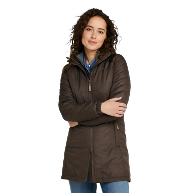 L.L. Bean Women's Fleece-Lined Primaloft Coat in dark cinder, on model front view