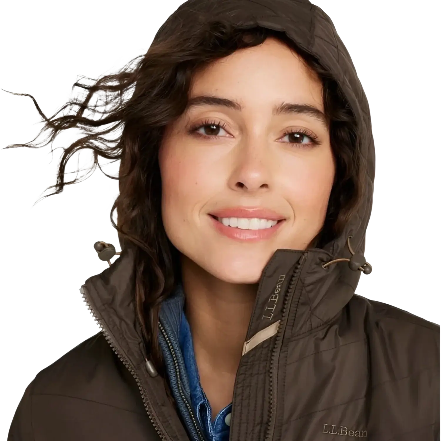 L.L. Bean Women's Fleece-Lined Primaloft Coat in dark cinder, on model hood up view