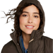 L.L. Bean Women's Fleece-Lined Primaloft Coat in dark cinder, on model hood up view